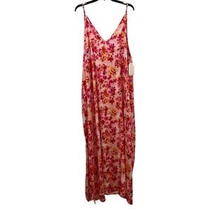 VAN WINKLE & CO. Pink Daisies Woven Satin V-Neck Sleeveless Maxi Chemise 3X